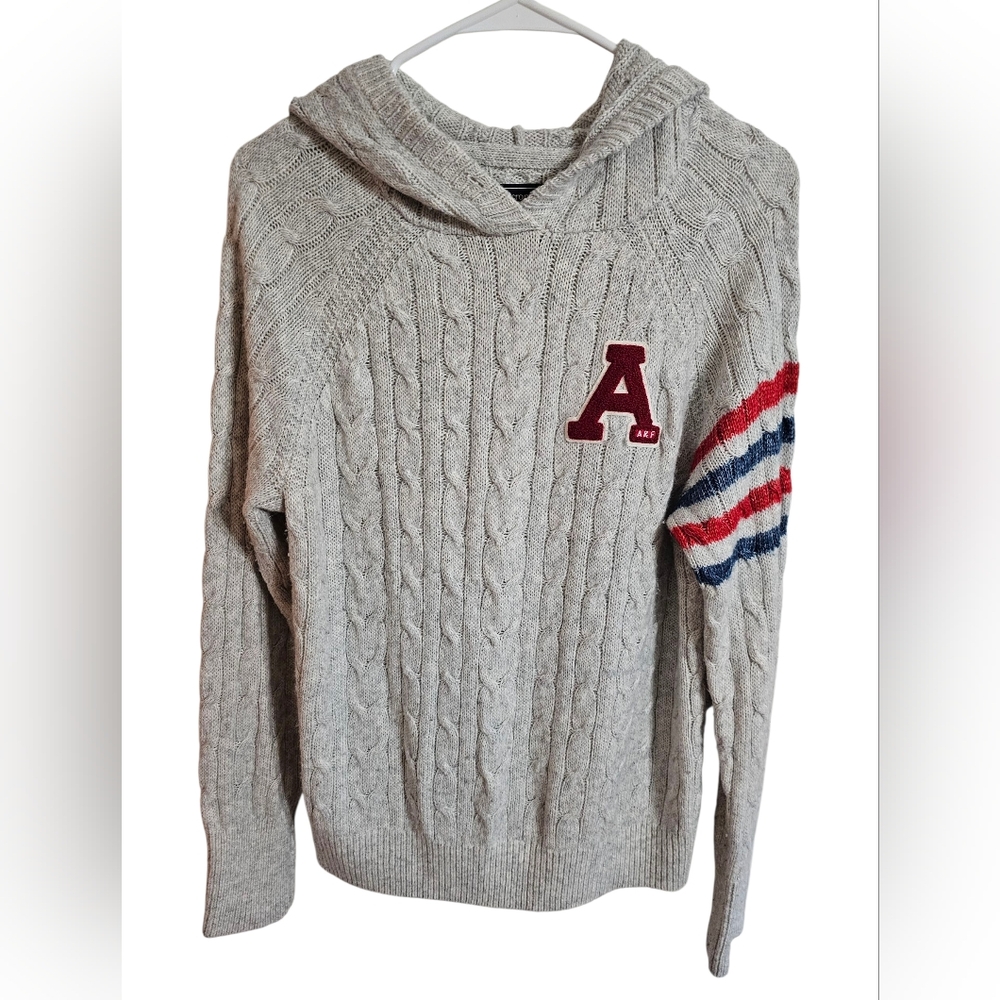 Abercrombie & Fitch Women Large Grey Cable Knit Hoodie Varsity Archival Y2K Rare - Picture 2 of 6